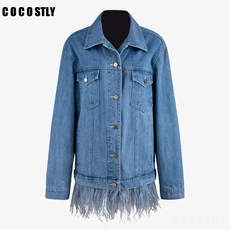 

2019 New Autumn Denim Jacket Women Lapel Long Sleeve Blue Feather Split Joint Loose Denim JacketS Women Coat Fashion