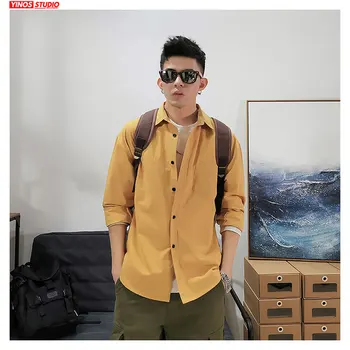 

Dropshipping 2020 Spring Solid Shirt Men Streetwear Tops Korean Long Sleeve Lapel Shirts