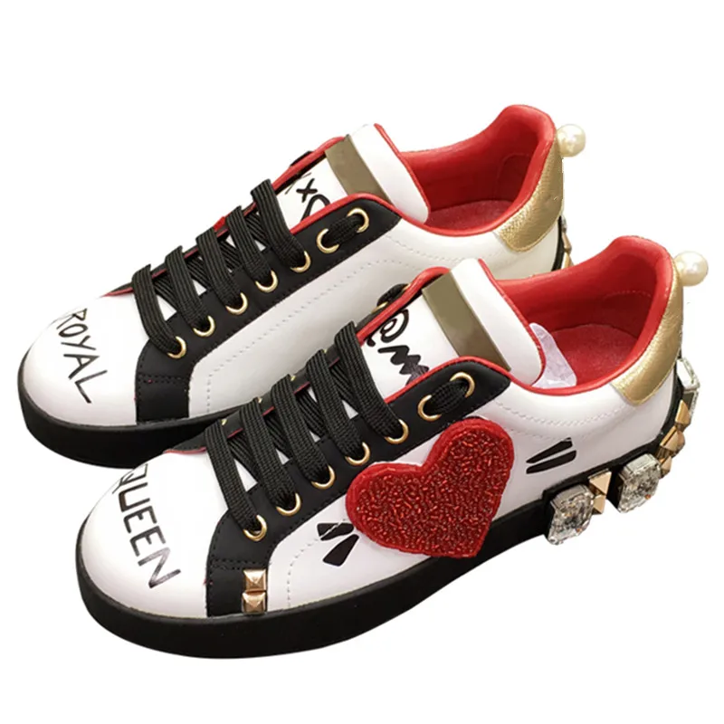 

2019 Graffiti Loving Flats Rhinestone Crystal Sneakers Quality Round Toe Ladies Shoes Lace Up Fashion Genuine Leather Shoe Women