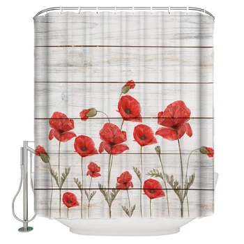 

Red Poppy Board Grain Shower Curtain Washable Home Bath Decor Curtains With 12 Hooks
