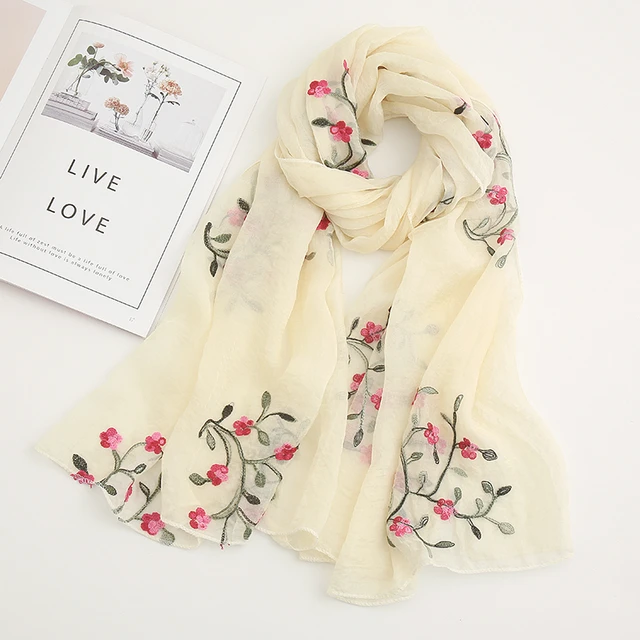 Laven Plain Floral Scarf Women Embroidered Silk Shawls Wraps