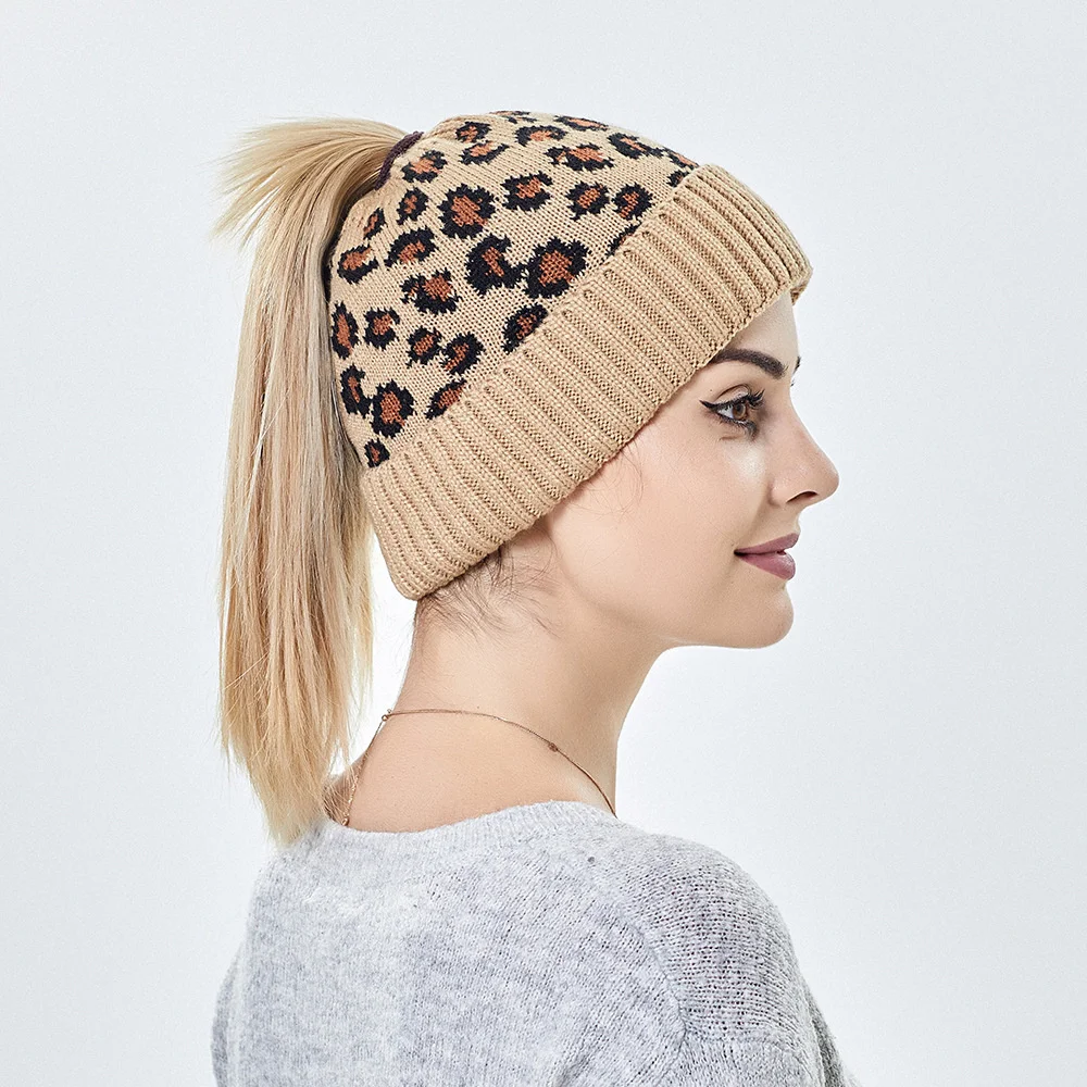 Casquette,Bonnet à queue de cheval pour femmes, bonnet côtelé, chaud