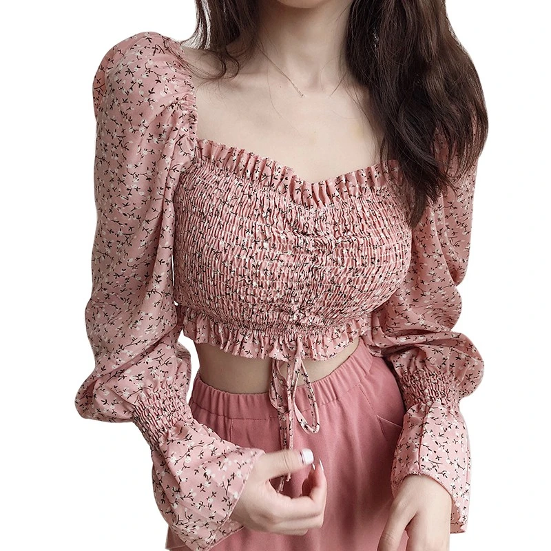 long sleeve tops 2021 Spring Summer  Pleated Floral Print Chiffon Lace Up Blouses Casual Puff Sleeve Square Collar Chiffon Shirts WomenTop women's denim shirts & tops