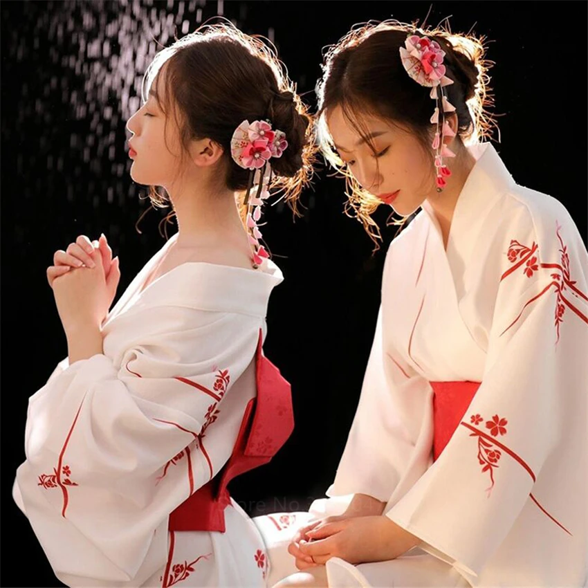 Japanese Kimono Japanese Style Traditional Kimono Casual Samurai Women Ladies Geisha White Haori Yukata Bowknot Loose Clothes