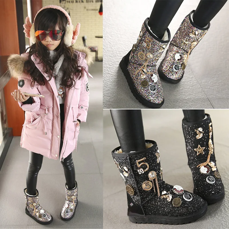 Huapate/детские зимние ботинки; Новинка года; зимняя теплая хлопковая обувь для больших детей; толстая обувь принцессы для девочек; нескользящие ботинки