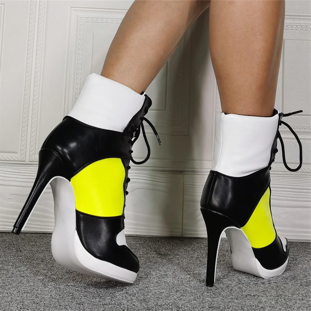 Kolnoo Real Photos Handmade Ladies High Heel Boots Patchwork Leather Sport-Style Crisscross Lace-Up Ankle Boots Fashion Shoes