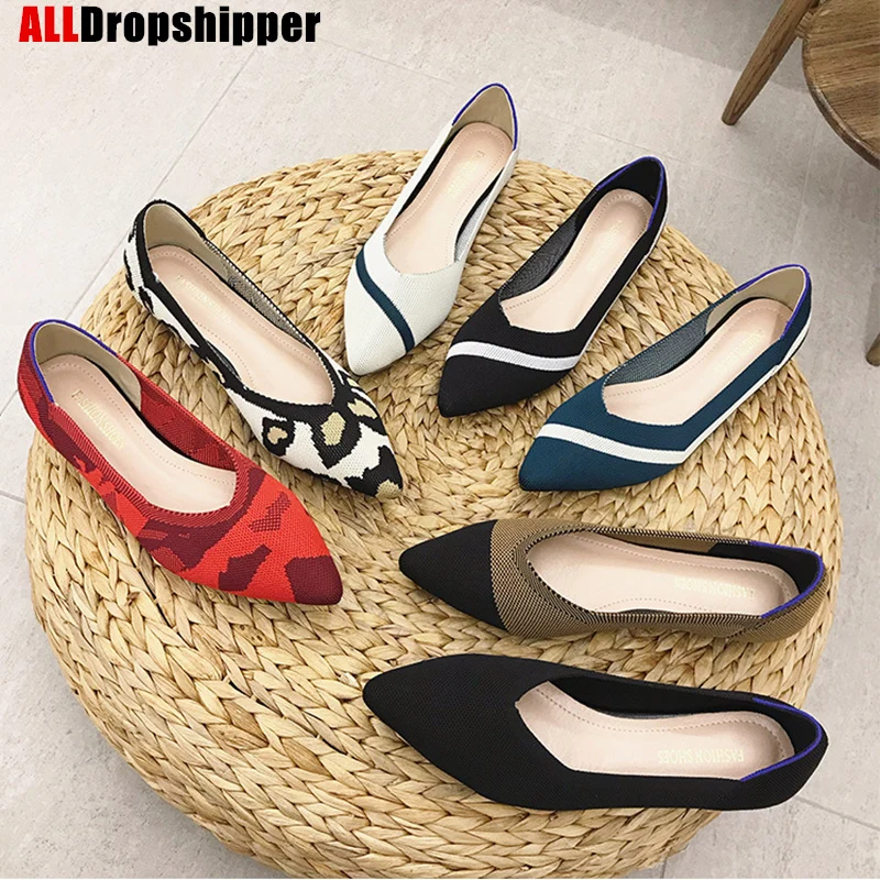 

2022 Woman Knit Pointed Shoes Women's Flat Shoes Ballet Shoes Moccasin Mixed Color Shoes Soft Pregnant Shoes Zapatos De Mujer