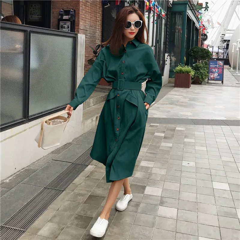 

Corduroy Dress Women's Autumn New Style 2019 Korean-style Elegant Waist Hugging over-the-Knee Mid-length CHIC Coat Thin