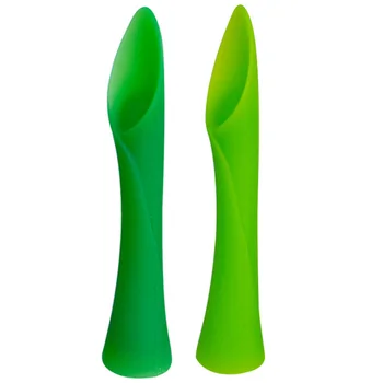 

2pcs Anti Slip Food Grade Training For Baby Bendable Feeding Infant Flexibility Non Toxic Suction Cup Bamboo Leaf Teether Spoon
