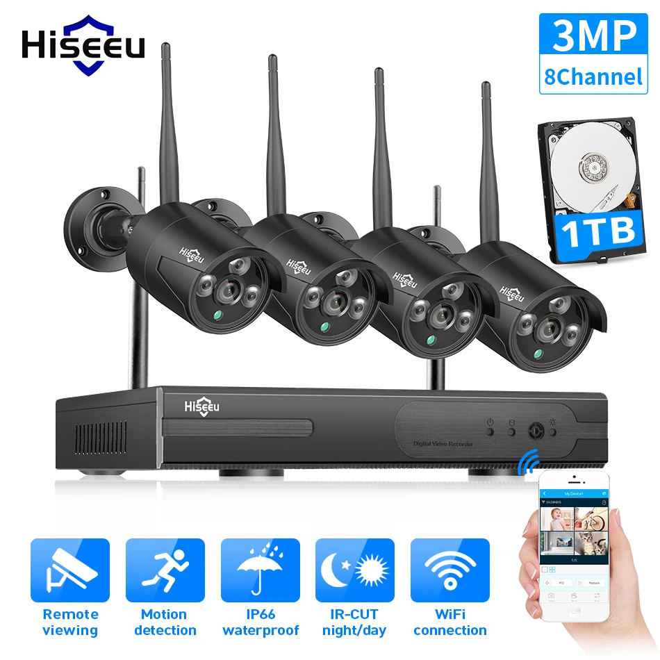 Hiseeu 8CH Беспроводной NVR 3MP HD наружная система камер домашней безопасности CCTV