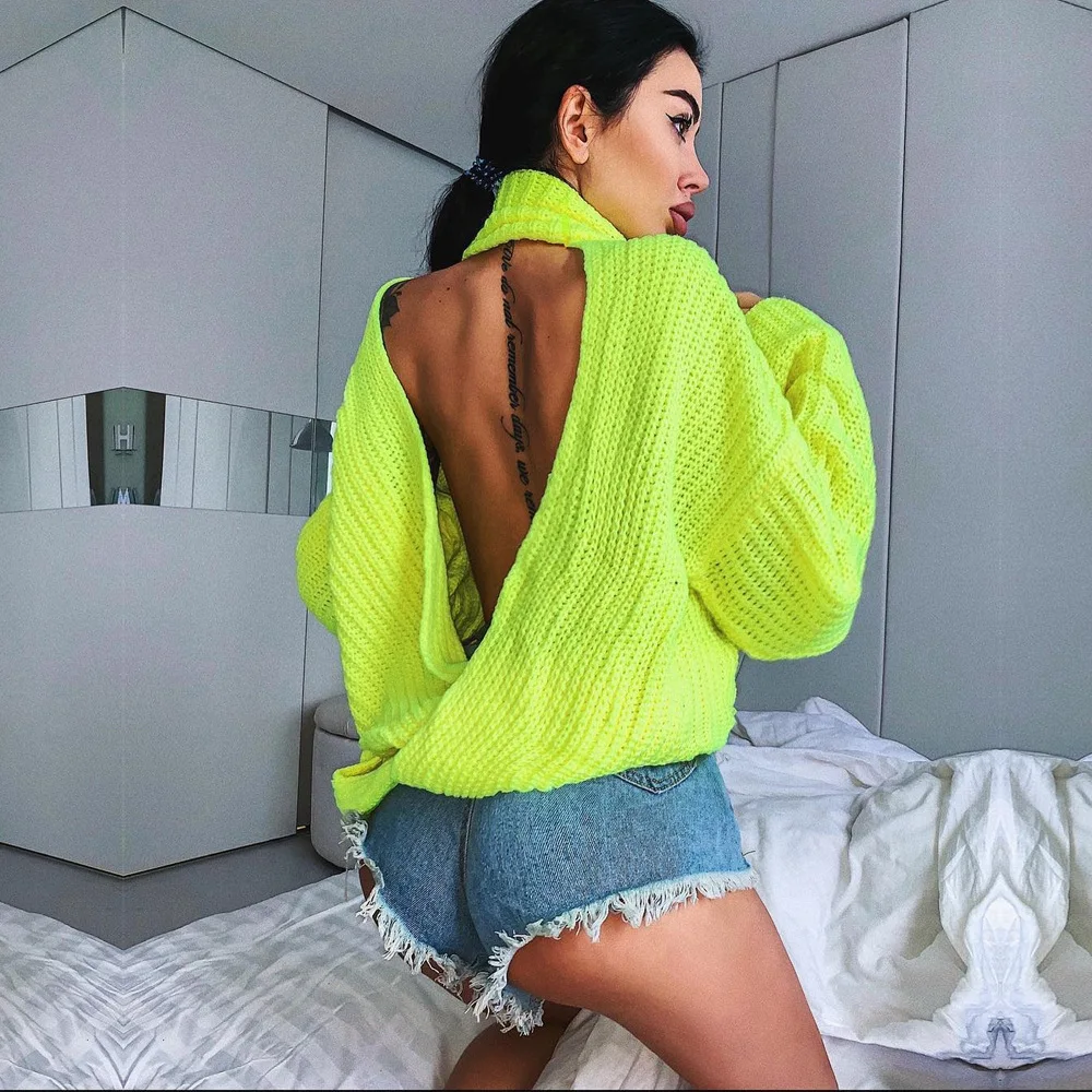 Женские свитера с открытой спиной и перекрещивающимся крестом осень 2019 неоновые