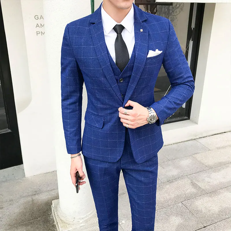 High Quality Men Wedding Suits Fashion male Plaid Suit 3 Piece Set Slim Design Mens Suits Jacket and Pants with Vests