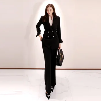 

2019 New Work Business Women Suits Double Breasted Slim Pant Suits Blazer Jacket + Full Length Pant Office Lady Two Pieces set