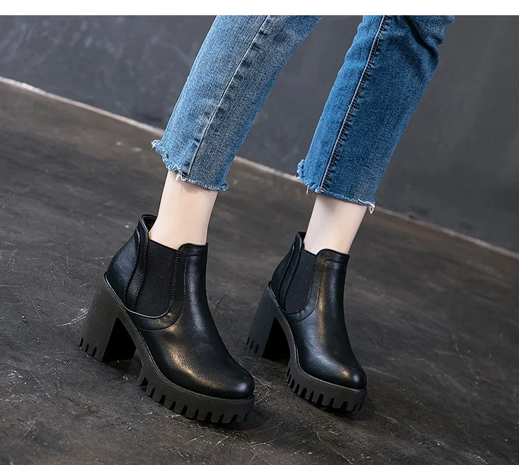Натуральная кожа Для женщин сапоги ботильоны на платформе и толстом каблуке для Для женщин ботинки на высоком каблуке квадратной формы черного цвета женская зимняя обувь; Botas