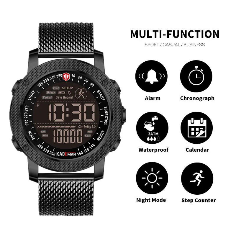 Baratos KADEMAN 2019 relojes deportivos de lujo para hombres reloj Digital LED contador de pasos 3ATM de diseñador de moda relojes de pulsera de cuero Casual reloj