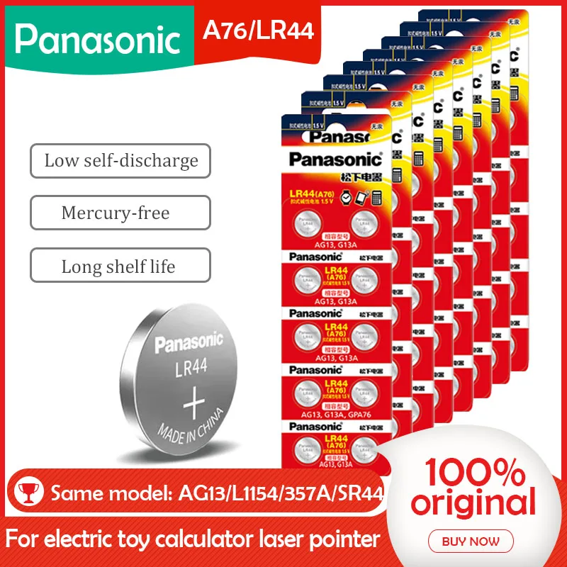 100 шт./лот PANASONIC LR44 A76 AG13 0% Hg SR1154 357 LR 44 1 5 V Аккумуляторы для калькулятора |
