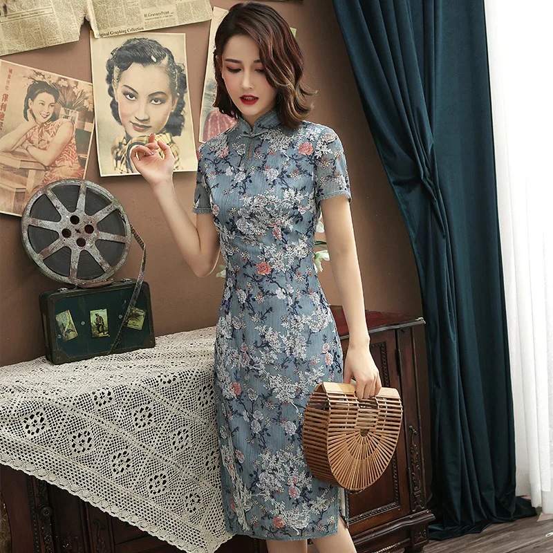 

2019 Spring And Summer Elegent Women Stand Collar Low Open Slim Daily Dresses Lady Literary Retro Print Cheongsam Dress