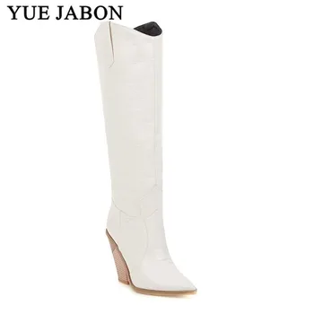 

White Black Lady Western Cowboy High Heels Motorcycle Pu Leather Boots Shoes 34-43 Women Long Slip on Strange Heels Boots Shoe