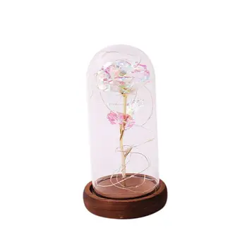 

The Best Gift Artificial Gold Foil Rose Flower And USB Powered For Women LED Light String In Glass Dome On Wooden Base