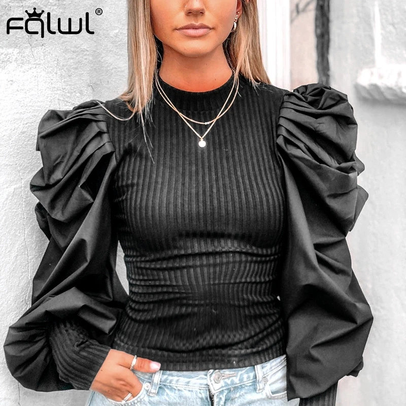 FQLWL Autumn Winter Ribbed Knitted Sweater Women Shirt 2019 Patchwork Puff Sleeve Black Sweater Female Pullovers Ladies Jumpers