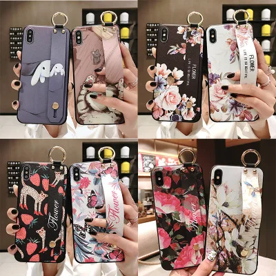 

Fashion Korean Wrist Strap Grip Phone Case for iPhone 6 6S 7 8 Plus X XR XS Max Cute Cat Flower Back Cover Soft TPU Cases