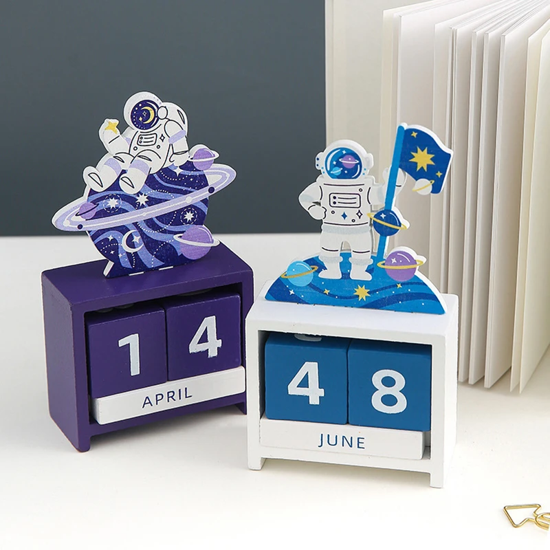 Wooden Permanent Calendar Table Desk Calendar 2021 Office Desktop  Decoration Astronaut Galaxy Kawaii Rustic Calendar Kids Gift