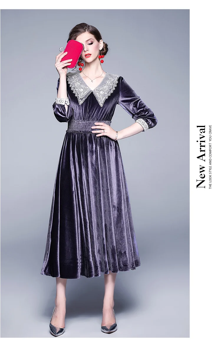 Осенне-зимнее элегантное фиолетовое бархатное платье для женщин с длинным рукавом и v-образным вырезом в стиле пэчворк с высокой талией, винтажные вечерние длинные платья