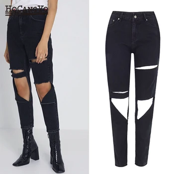 

Womens High Waisted Jeans Trousers Loose Casual Hole Ripped Straight Denim Pants Women Clothing 100% Cotton Denim Jeans Trousers