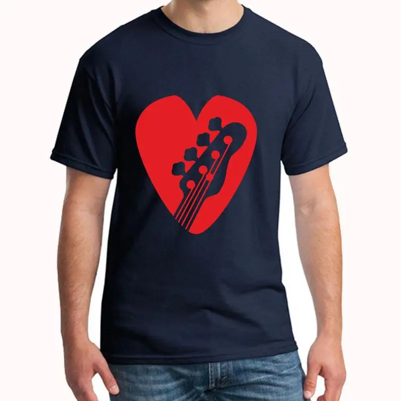 

printed Bass Guitar Head In Heart Shaped Bassist Pick t shirt for men cool Humor Kawaii homme tee t shirts Classical Pattern