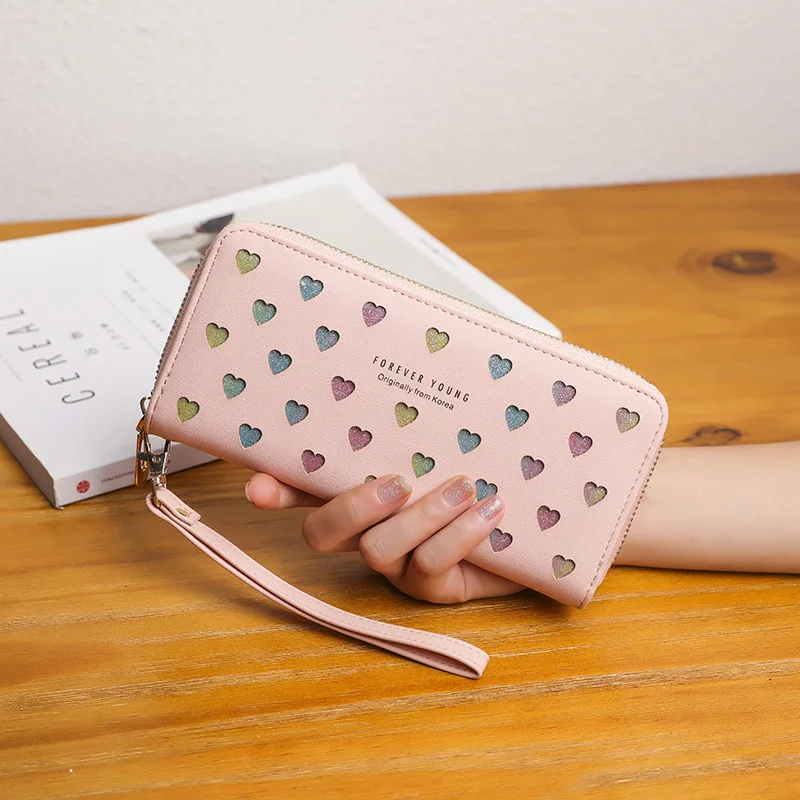 

2019 New Style Women's Wallet Women's Long Zipper Fashion Soft Wallet Hollow out Heart Shape Large-Volume Carrying Mobile Phone