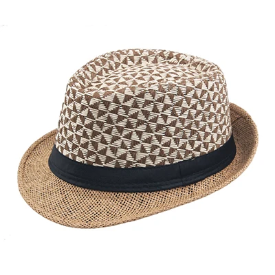 Классическая мужская соломенная шляпа Солнцезащитная летняя пляжные панамки для женщин мягкая фетровая шляпа мужская джазовая шляпа вечерние треугольные решетки - Цвет: Khaki