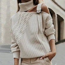 Women Patchwork Sexy Off Shoulder Buckle Turtleneck Warm Autumn Pullover Winter Long Sleeve Ribbed Sweater Knitted Tops Jumper