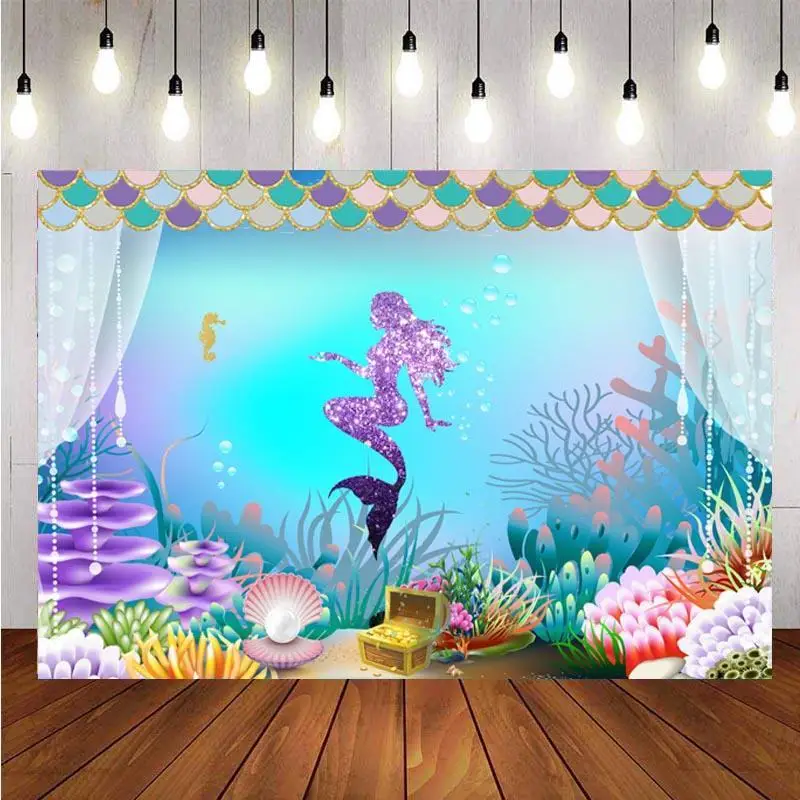 Little Mermaid Ariel Photography Backdrop Princess Girls Birthday Party Photo Studio Background Decor Banner Prop | Электроника