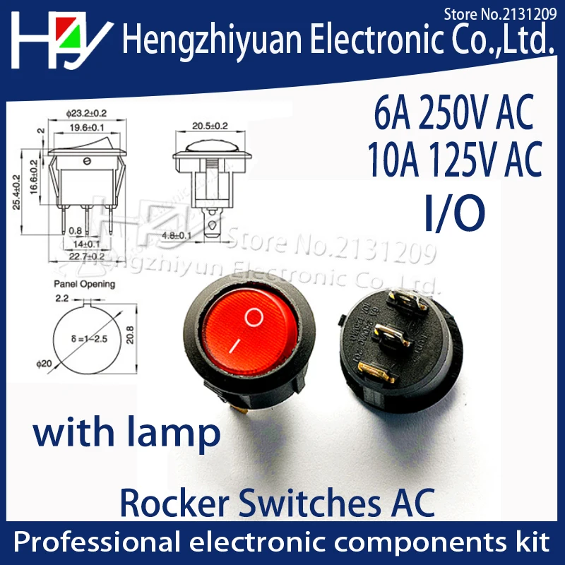 100 x Round Red Rocker Switch SPST With Neon Power Indicator Light Lamp 20mm 
