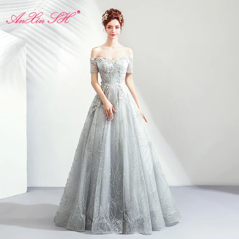 

AnXin SH princess grey lace long evening dress luxury vintage boat neck grey lace up beading pearls flower evening dress 7160