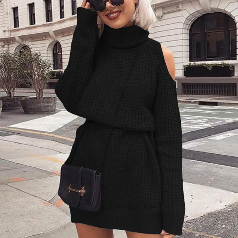 

NORMOV 2019 Women Autumn Winter Knitted Sweater Dress Elegant Turtleneck Solid Color Loose Off Shoulder Pullover Long Sweaters