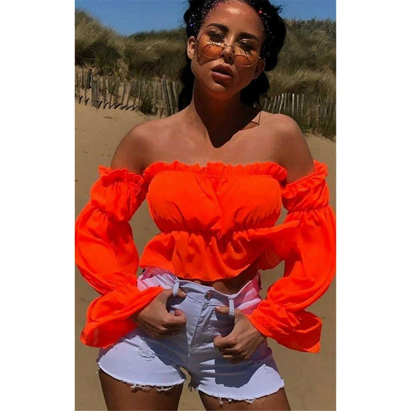 Sexy Candy color Women Off Shoulder Sheer Mesh Puff Long Sleeve Ruffle Crop Tops Shirt Blouse Tops