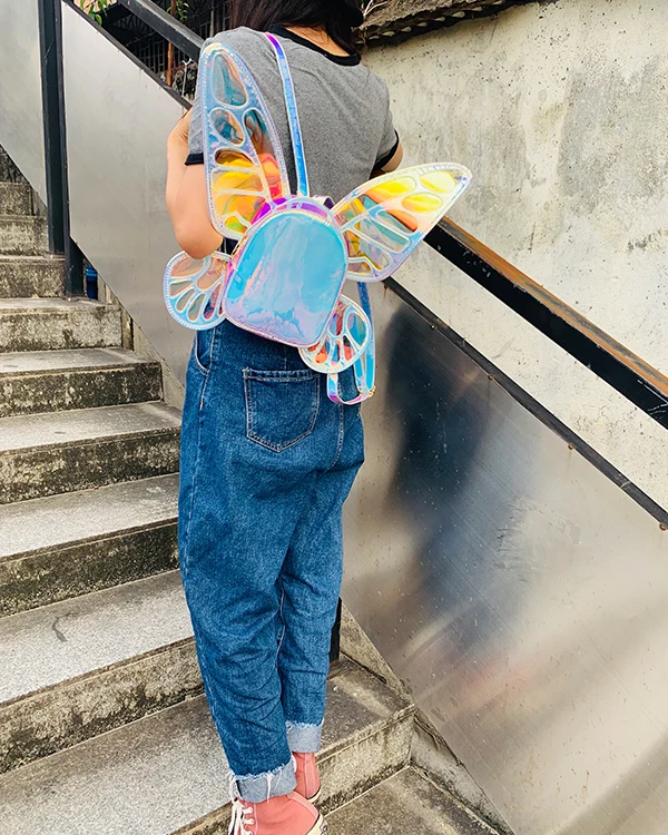 Fashion Women's Laser Holographic Leather Mini Backpack Butterfly Angel Wings Daypack for Girls Travel Casual Daypack School Bag