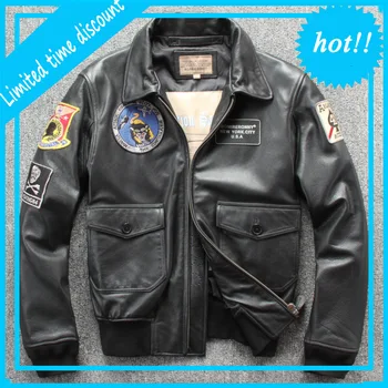 

2020 Brand Genuine Leather Jackets Men's 100% Real Cowhide Skin Multi- Labeling Embroidery Turn-down Collar Zipper Bomber Jacket