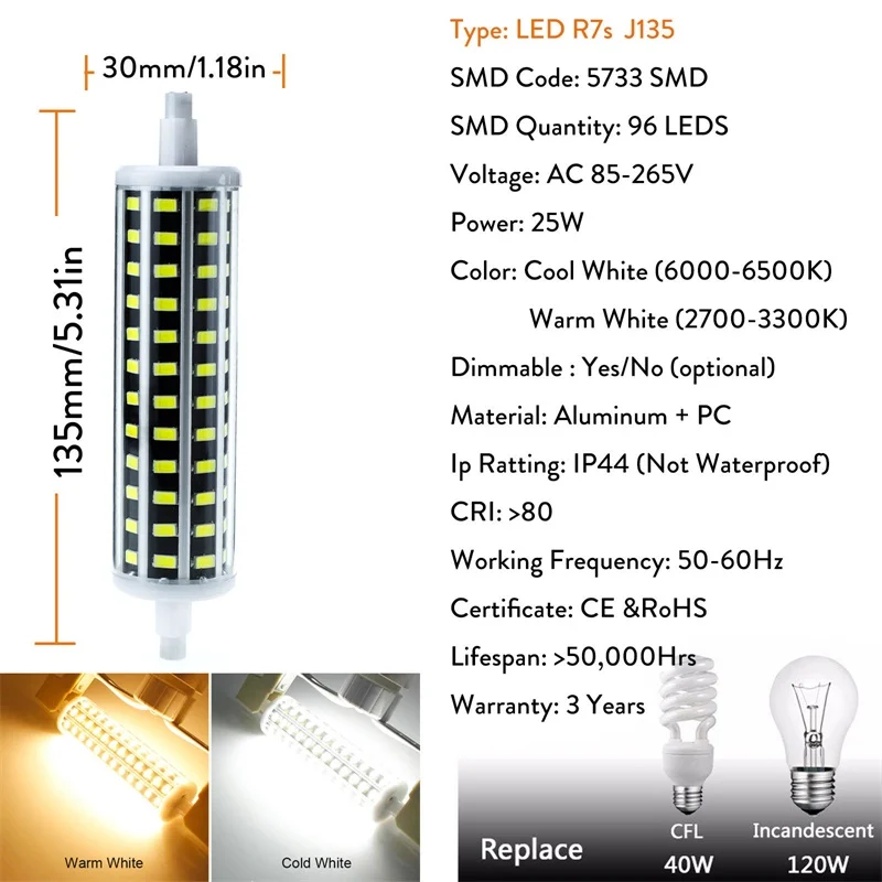 R7S Светодиодный прожектор светильник J78 J118 J135 J189 78 мм 118 мм 135 мм 189 мм мощностью 10 Вт, 20 Вт, 25 Вт 30 Вт 5733 SMD лампы 60 Вт 150 Вт галогенных ламп - Испускаемый цвет: 25W J135