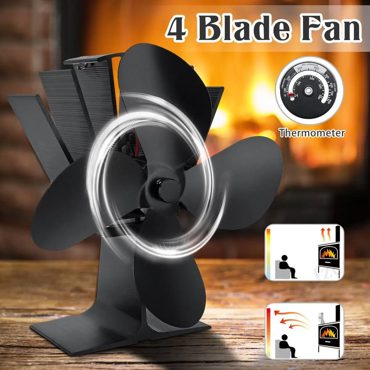 

4 Blade 22.5cm Black Stove Fireplace Fan w/Thermometer Heat Powered Burner Eco Fan Friendly Quiet Efficient Heat Distribution