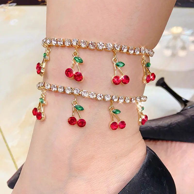 JUST FEEL New Rhinestone Tennis Chain Anklet Female Gold Silver Color Crystal Cherry Anklet Bracelet On Leg Foot Beach Jewelry JUST FEEL New Rhinestone Tennis Chain Anklet Female Gold Silver Color Crystal Cherry Anklet Bracelet On Leg Foot Beach Jewelry
