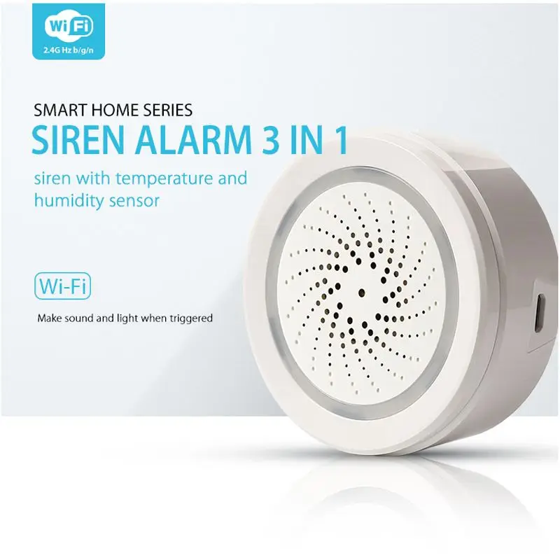 

Smart Home 2.4G Wifi Wireless 3 In 1 Alarm-Siren With Temperature Humidity Sensor Alarm Support for Tuya Smart Life Alexa IFTTT