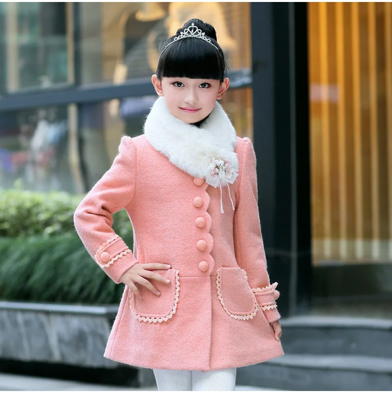 

Girls Padded Winter Duffle Coat Big Boy Fur Collar Woolen Jacket Padded Trench Coat Mantle
