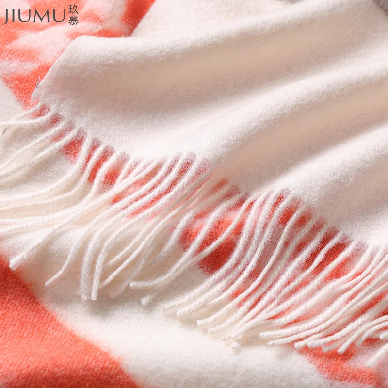 JIUMU шерстяной шарф женский модный лоскутный шарф Зимний толстый теплый роскошный бренд высокого качества теплые кашемировые кисти шарфы подарок