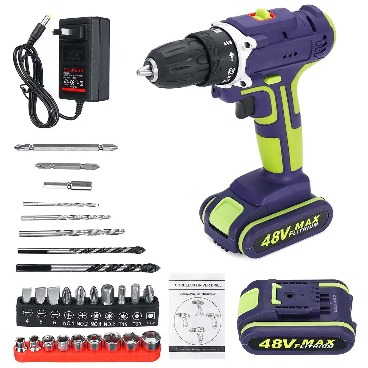 

Professional 48Vf Cordless drill Daul-Speed Adjustment LED lighting Large capacity battery 50Nm 16+1 torque 28pcs Accessories