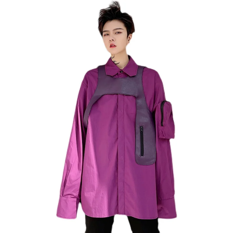 

Korean Purple shirt men Long sleeve With leather Big pockets Loose Hiphop Stage tops