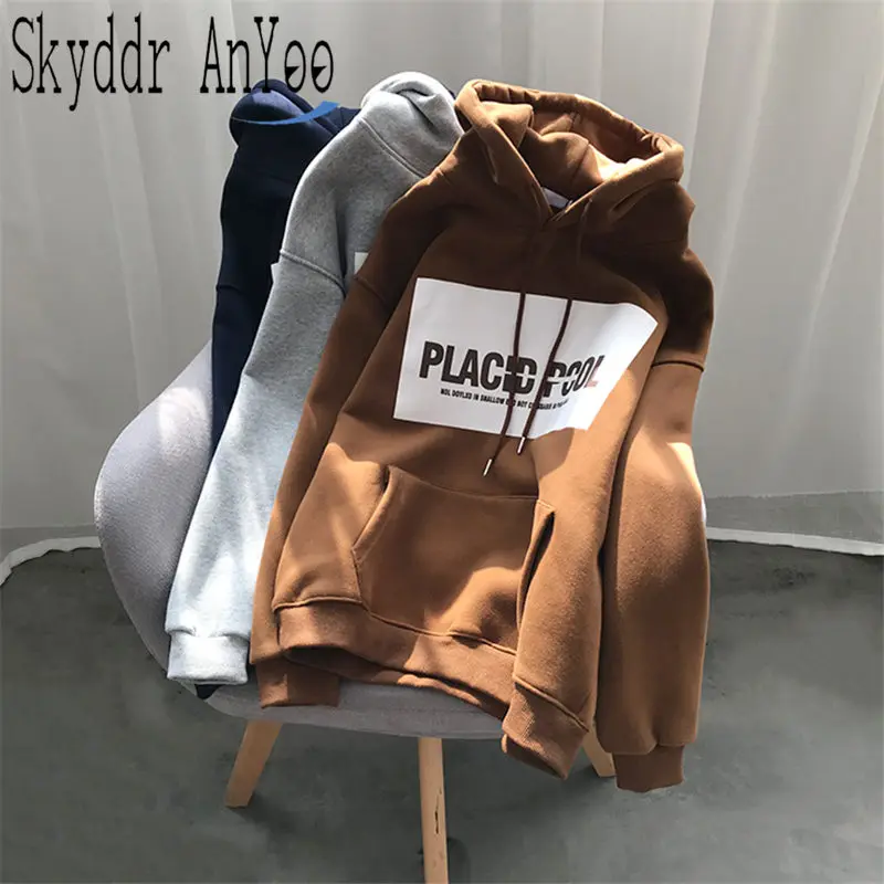 

Winter Fleece Warm Hoodies Women Letter Printed Korean Sweatshirts Oversize Kpop Ladies Pullovers Pocket Hooded Jacket Clothes