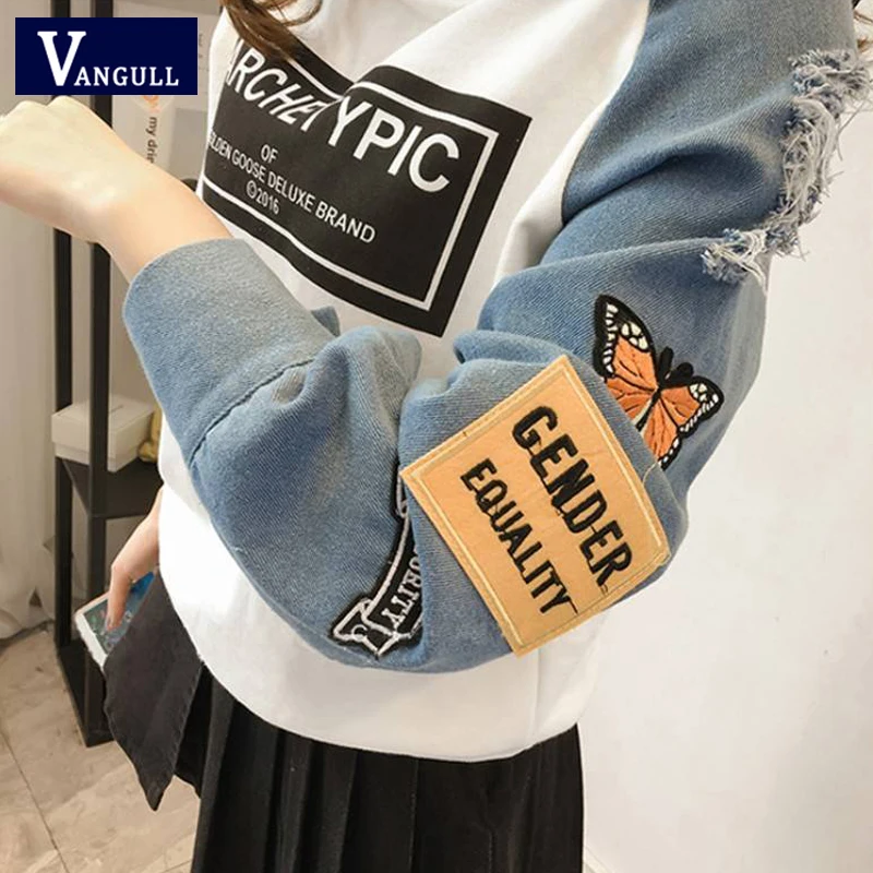 Vangull Harajuku Толстовка женская с буквенным шеврон с принтом женские толстовки Осень Новые с отверстиями и длинными рукавами шнурок двойные пуловеры