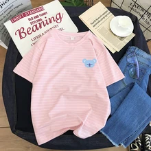 Хлопковая полосатая летняя футболка, новая футболка с короткими рукавами, милая модная женская футболка с круглым вырезом для молодых студентов